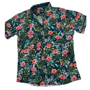 Barabas Button Up Shirt Mens Large Navy Blue Tropical Floral Linen Blend Aloha